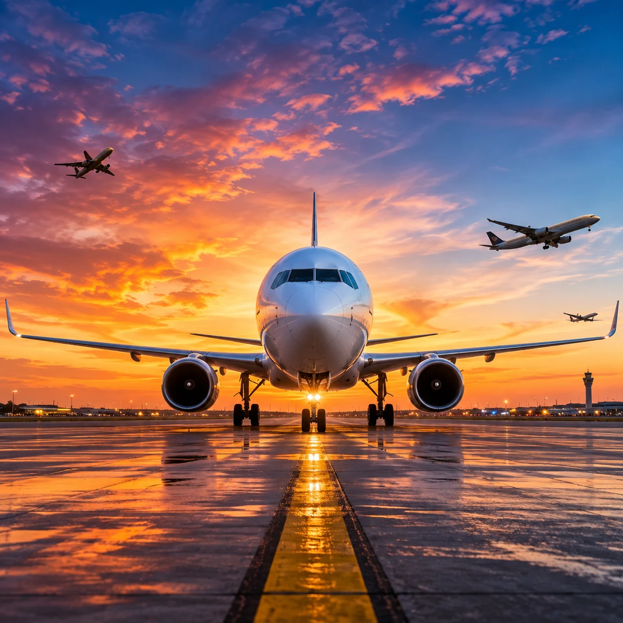 Commercial airplane flying above clouds for flight booking