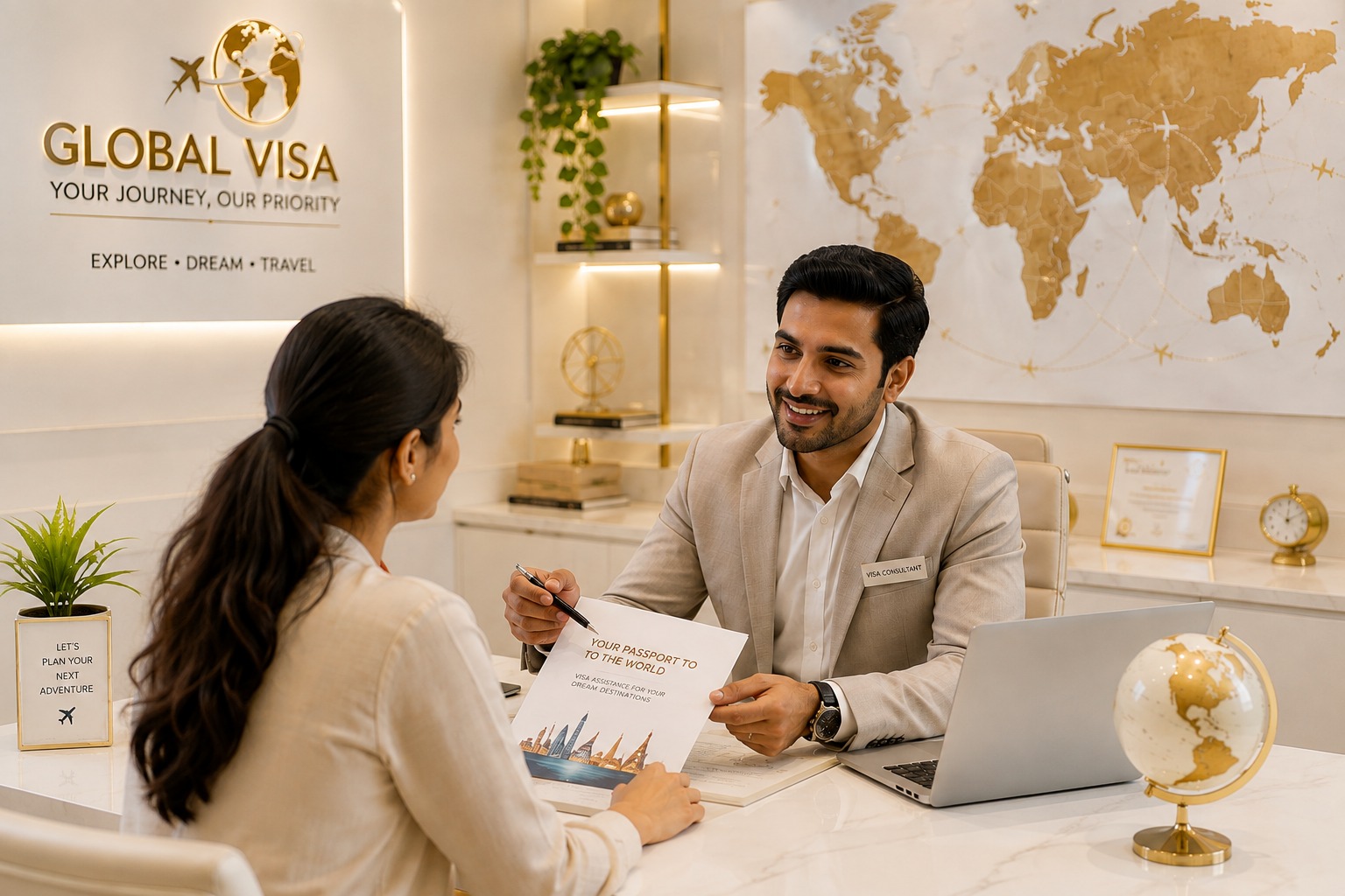 Couple planning travel itinerary on laptop with globe